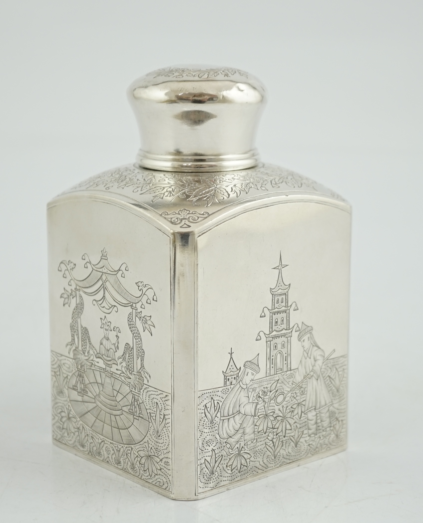 A late 19th century Russian 84 zolotnik silver rectangular tea caddy and cover, with engraved Chinoiserie decoration